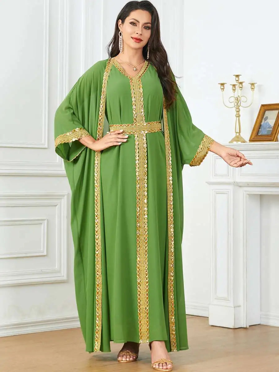 Robe en mousseline de soie 2 pièces pour l'Aïd, caftan, robe caftan avec robe intérieure sans manches