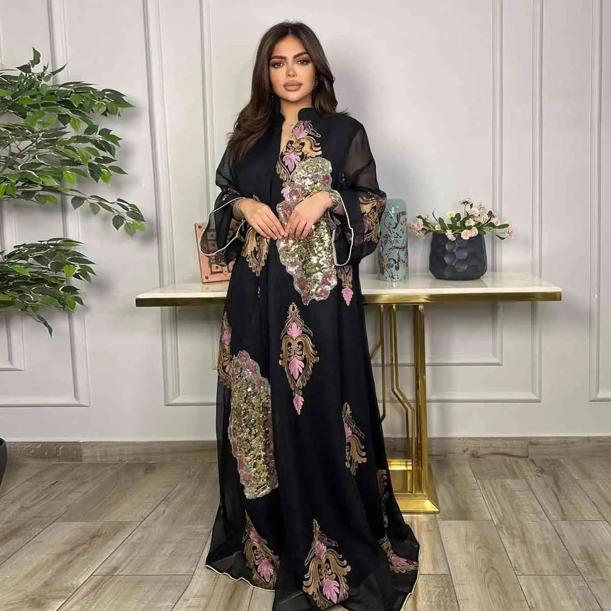 Robe de l'Aïd à paillettes et broderies pour femme, caftan, robe jalabiya