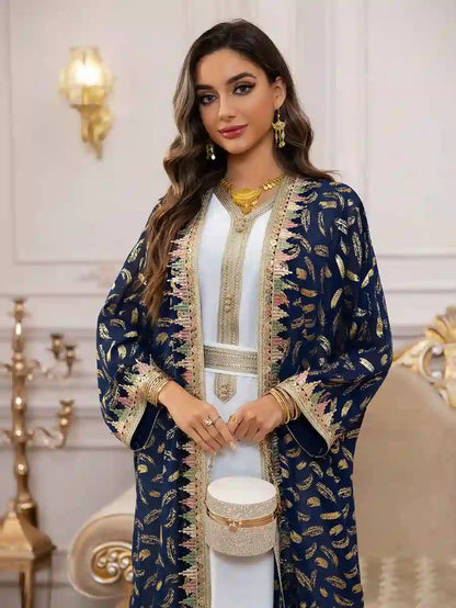 Eid 2 Pieces Set Bronzing Chiffon Caftan Kaftan Dress With Inner Sleeveless Dress #25454
