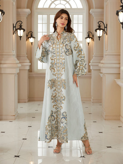 Hotfix Rhinestones Printed Caftan Kaftan Dress For Women - Jacquard Mukhawar Jalabiya Eid Dress -  #26N02