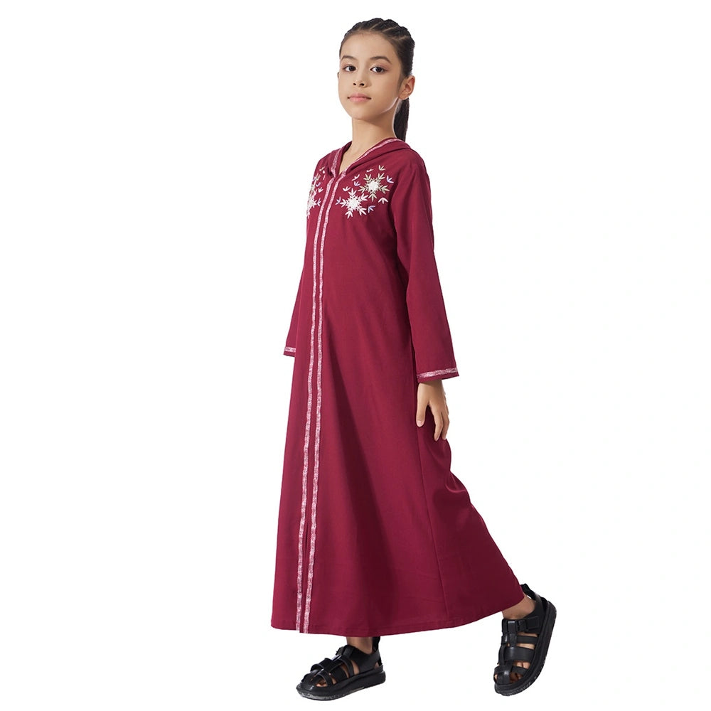 Robe Abaya à capuche brodée en dentelle pour filles musulmanes #25G633