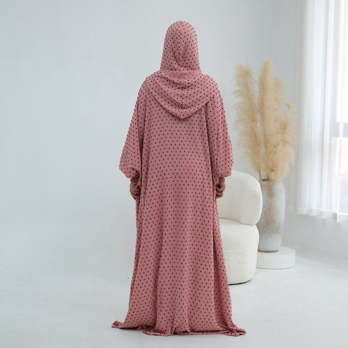 Muslim Women Hooded Polka Dots Printed Jilbab Abaya Dress #261196