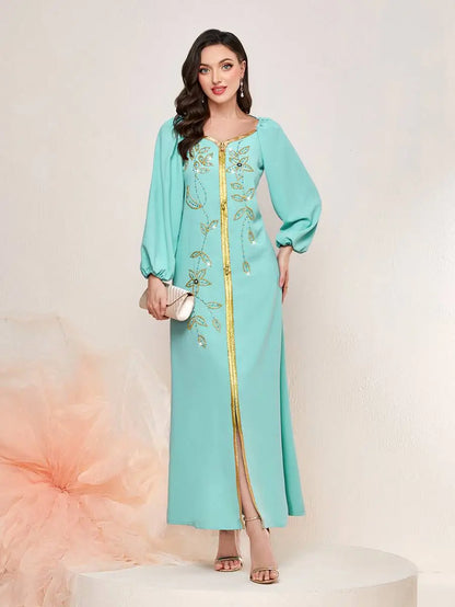 Robe caftan élégante en perles de strass cousues à la main