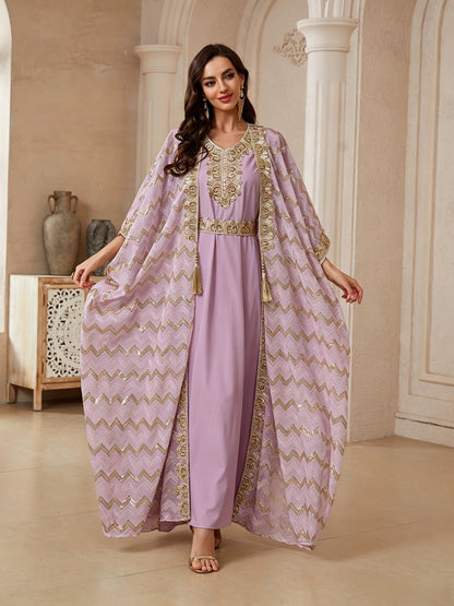 2 Pieces Set Embroidery Sequins Kaftan Caftan Dress - With Inner Sleeveless Dress - Mukhawar Jalabiya Eid Dress -#26174