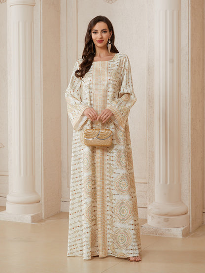 Hotfix Rhinestones Printed Caftan Kaftan Dress For Women - Jacquard Mukhawar Jalabiya Eid Dress -  Apricot - #26N11