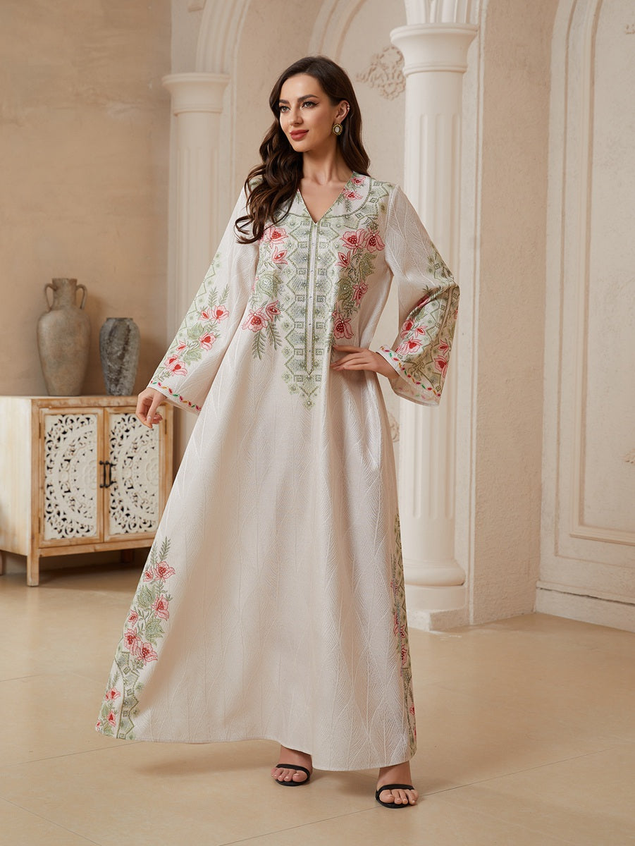 Hotfix Rhinestones Printed Caftan Kaftan Dress For Women - Jacquard Mukhawar Jalabiya Eid Dress -  Apricot - #26N10