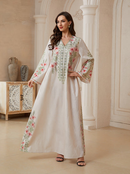 Hotfix Rhinestones Printed Caftan Kaftan Dress For Women - Jacquard Mukhawar Jalabiya Eid Dress -  Apricot - #26N10