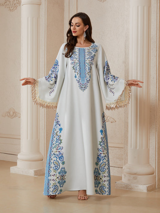 Eid Rhinestones Printed Caftan Kaftan Dress Jalabiya #26S2612