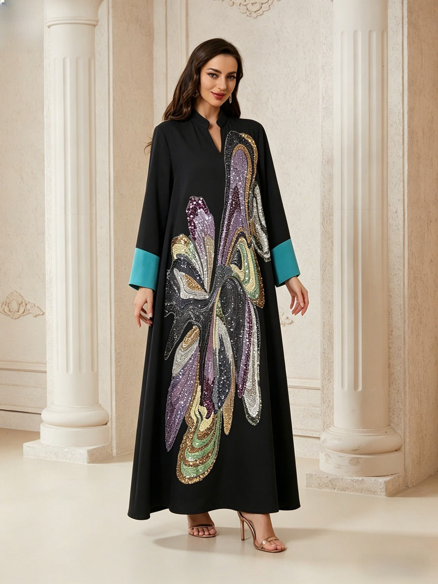 Muslim Women Hand-stitched Beads Caftan Kaftan Dress - Eid Dress Mukhawar Jalabiya - Black -#26N189