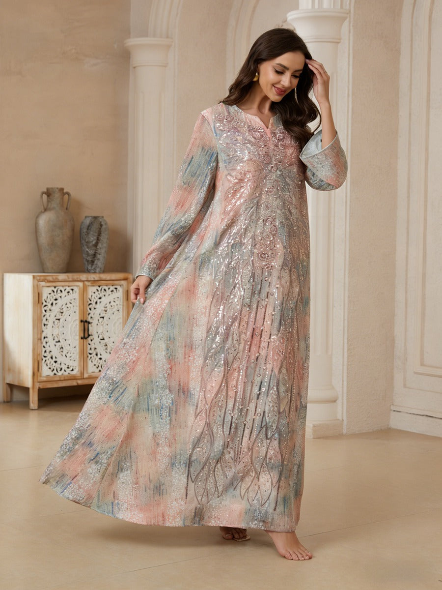Muslim Women Sequins Embroidery Caftan Kaftan Dress - Mukhawar Jalabiya Eid Dress - Pink - #26N182