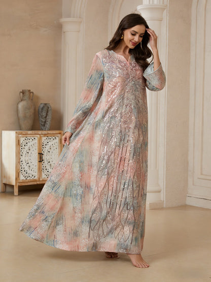 Muslim Women Sequins Embroidery Caftan Kaftan Dress - Mukhawar Jalabiya Eid Dress - Pink - #26N182