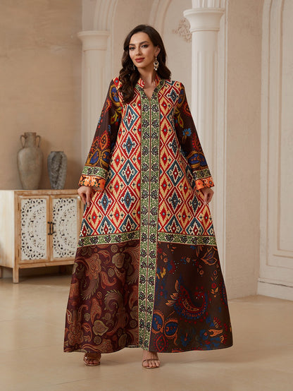 Hotfix Rhinestones Printed Caftan Kaftan Dress For Women - Mukhawar Jalabiya Eid Dress - Maroon - #26S2607