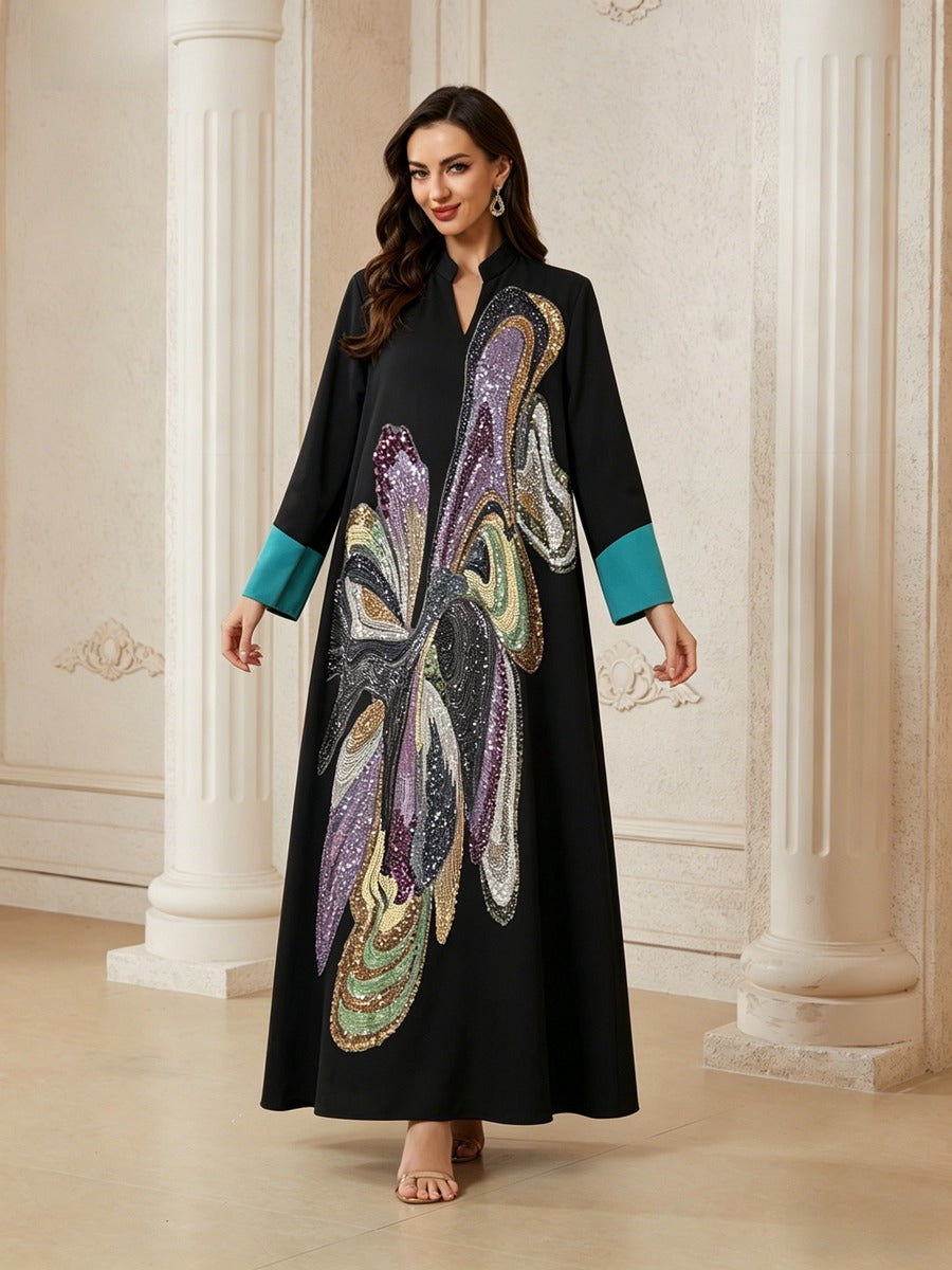 Muslim Women Hand-stitched Beads Caftan Kaftan Dress - Eid Dress Mukhawar Jalabiya - Black -#26N189