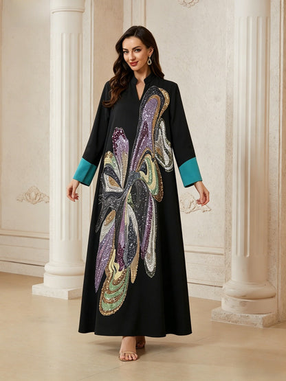 Muslim Women Hand-stitched Beads Caftan Kaftan Dress - Eid Dress Mukhawar Jalabiya - Black -#26N189