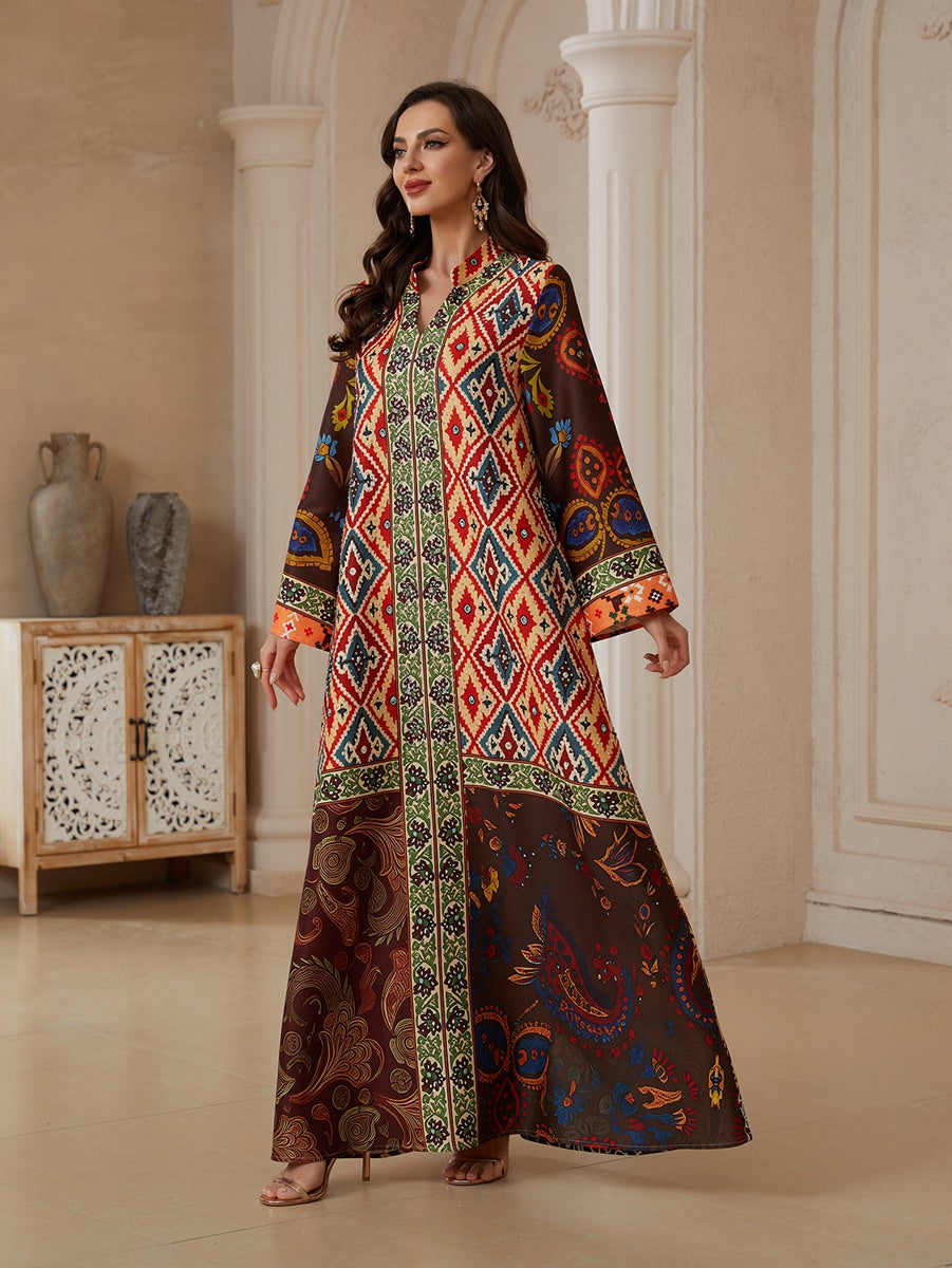 Hotfix Rhinestones Printed Caftan Kaftan Dress For Women - Mukhawar Jalabiya Eid Dress - Maroon - #26S2607