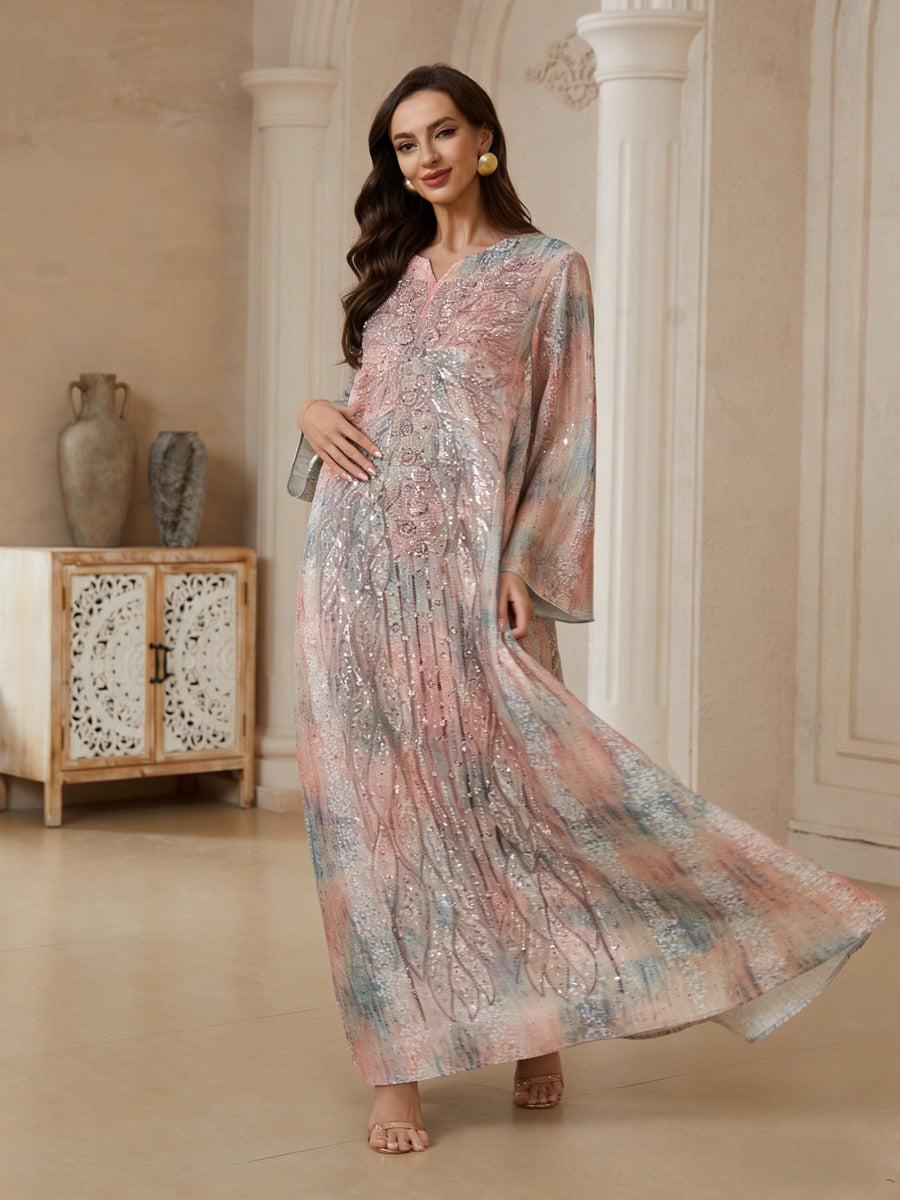 Muslim Women Sequins Embroidery Caftan Kaftan Dress - Mukhawar Jalabiya Eid Dress - Pink - #26N182