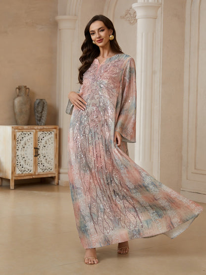 Muslim Women Sequins Embroidery Caftan Kaftan Dress - Mukhawar Jalabiya Eid Dress - Pink - #26N182
