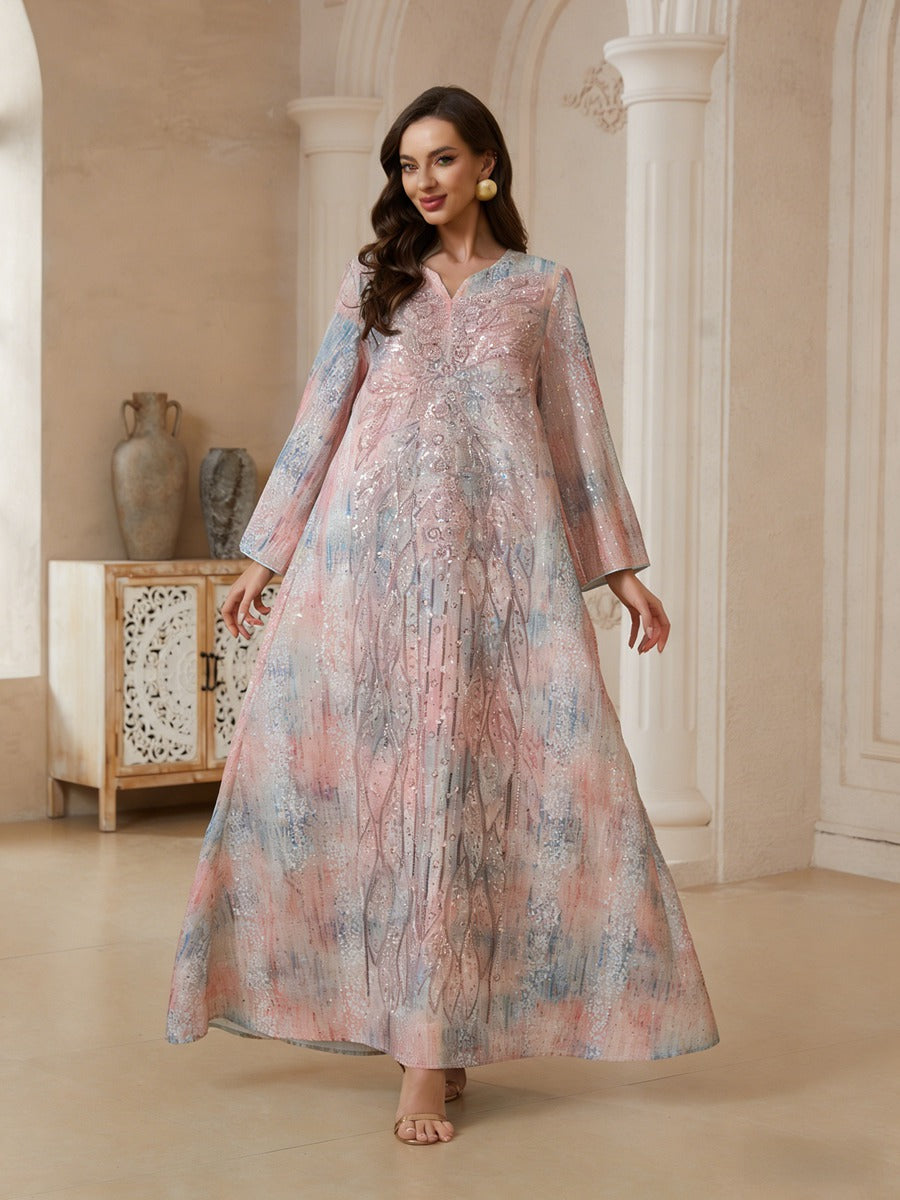 Muslim Women Sequins Embroidery Caftan Kaftan Dress - Mukhawar Jalabiya Eid Dress - Pink - #26N182