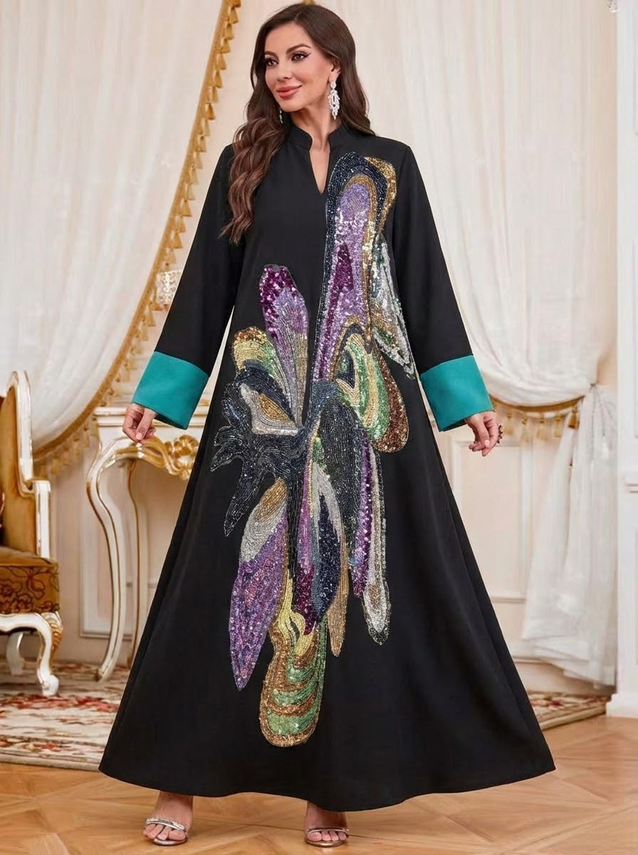 Muslim Women Hand-stitched Beads Caftan Kaftan Dress - Eid Dress Mukhawar Jalabiya - Black -#26N189