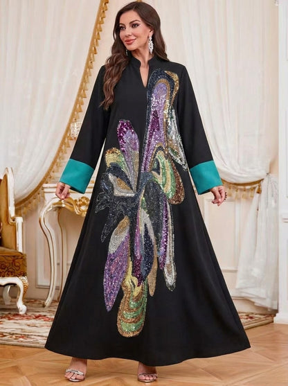 Muslim Women Hand-stitched Beads Caftan Kaftan Dress - Eid Dress Mukhawar Jalabiya - Black -#26N189
