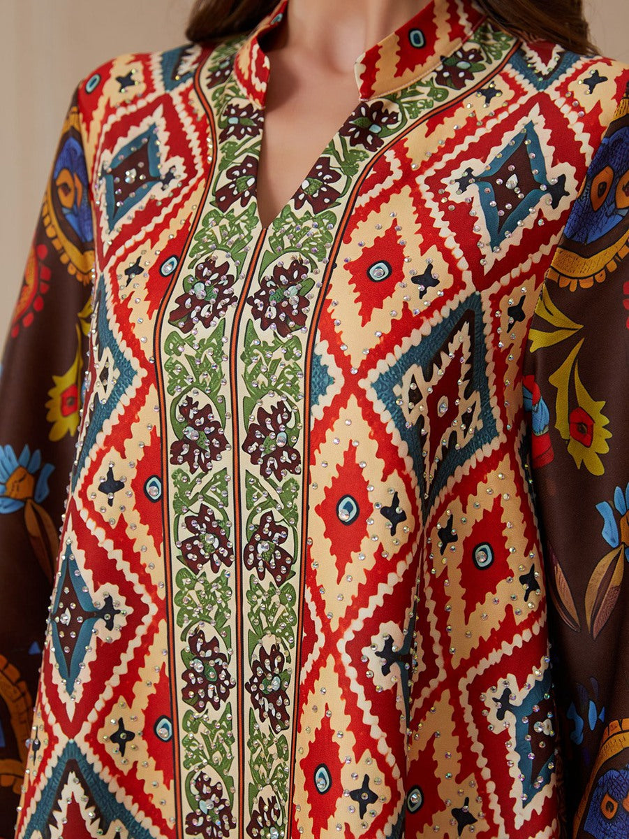 Hotfix Rhinestones Printed Caftan Kaftan Dress For Women - Mukhawar Jalabiya Eid Dress - Maroon - #26S2607
