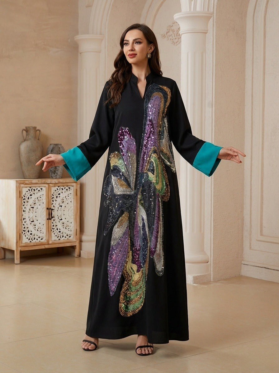 Muslim Women Hand-stitched Beads Caftan Kaftan Dress - Eid Dress Mukhawar Jalabiya - Black -#26N189
