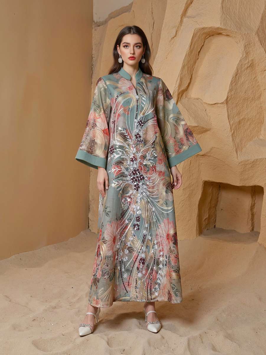 Eid Sequins Printed Dress Muslim Women Caftan Kaftan Dress #25S191