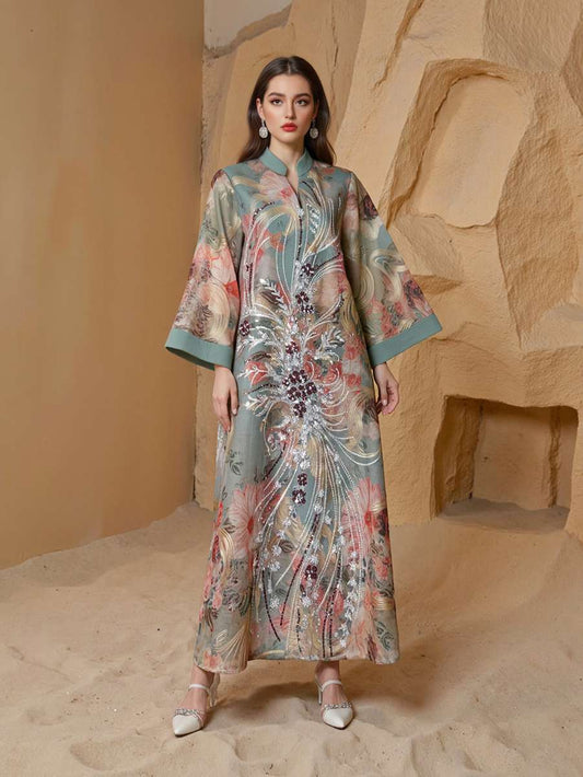 Eid Sequins Printed Dress Muslim Women Caftan Kaftan Dress #25S191