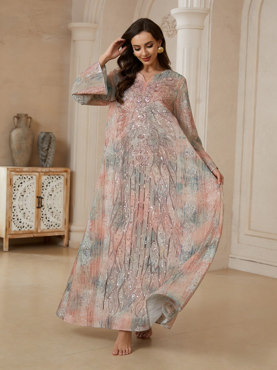 Muslim Women Sequins Embroidery Caftan Kaftan Dress - Mukhawar Jalabiya Eid Dress - Pink - #26N182
