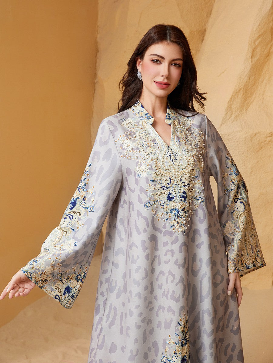Eid Bead Printed Dress Muslim Women Caftan Kaftan Dress #26S1004
