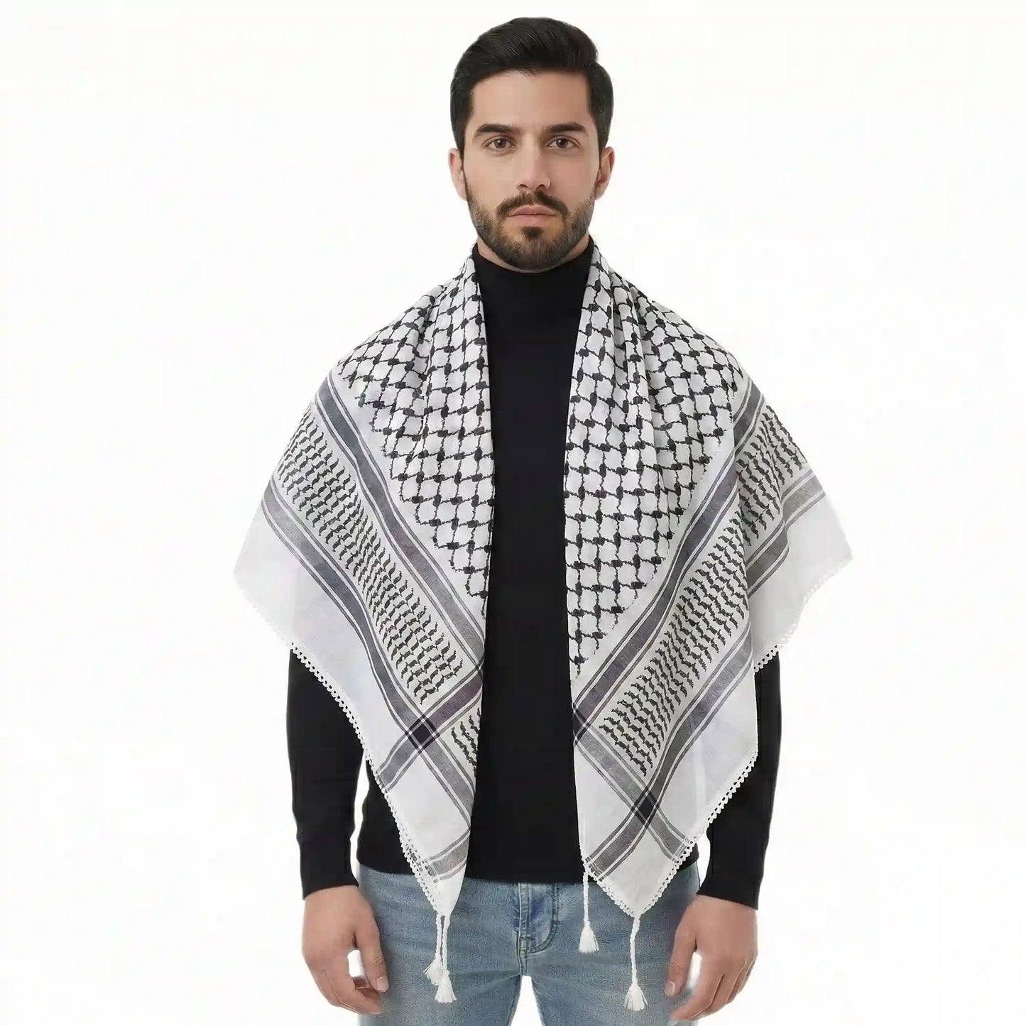 Écharpe Keffieh à pompons en mélange de coton et de lin pour hommes et femmes