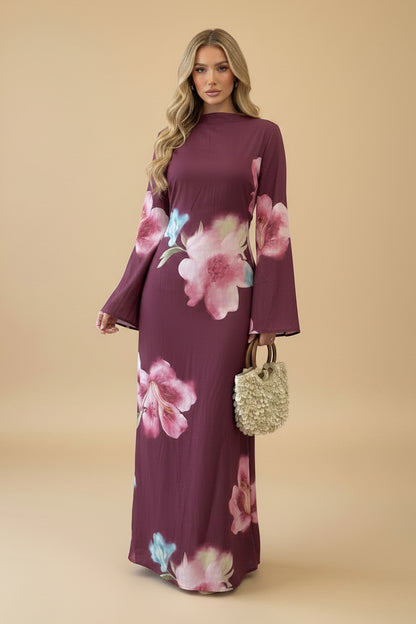 Muslim Women Printed Wrinkle Abaya Dress With Inner Belt #261358