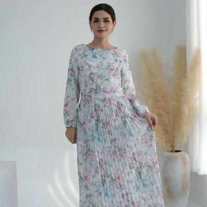Robe Abaya plissée en mousseline de soie imprimée pour femmes musulmanes