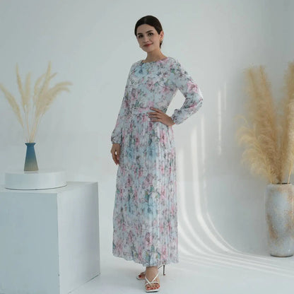 Robe Abaya plissée en mousseline de soie imprimée pour femmes musulmanes