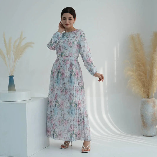 Robe Abaya plissée en mousseline de soie imprimée pour femmes musulmanes