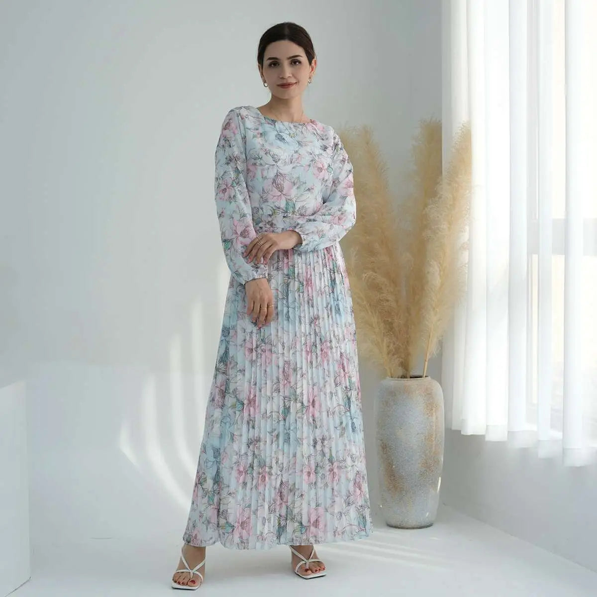 Robe Abaya plissée en mousseline de soie imprimée pour femmes musulmanes