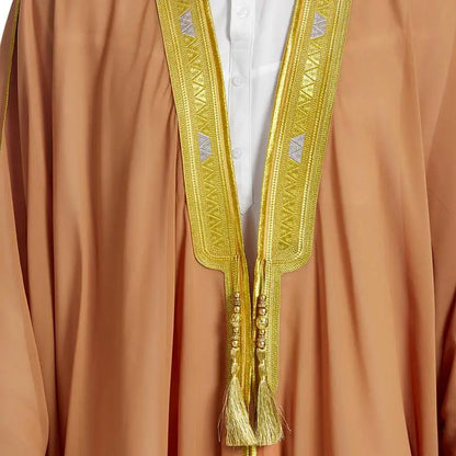 Tissu en mousseline de soie Bisht pour hommes arabes musulmans islamiques avec pompons et broderie
