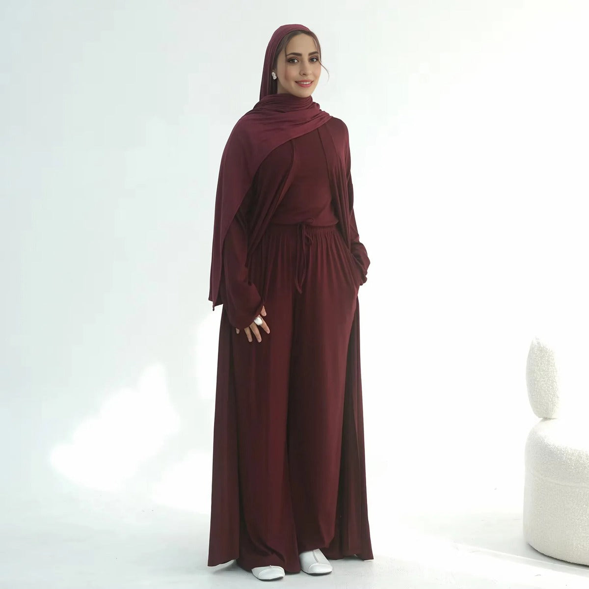 Muslim Women 3 Pieces Set Modal Tops And Pants Suit Set With Open Abaya Dress #251076