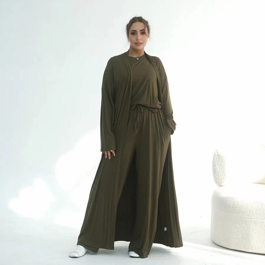 Muslim Women 3 Pieces Set Modal Tops And Pants Suit Set With Open Abaya Dress #251076