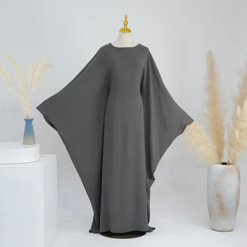 Robe Farasha Abaya en tissu froissé à manches chauve-souris avec ceinture intérieure