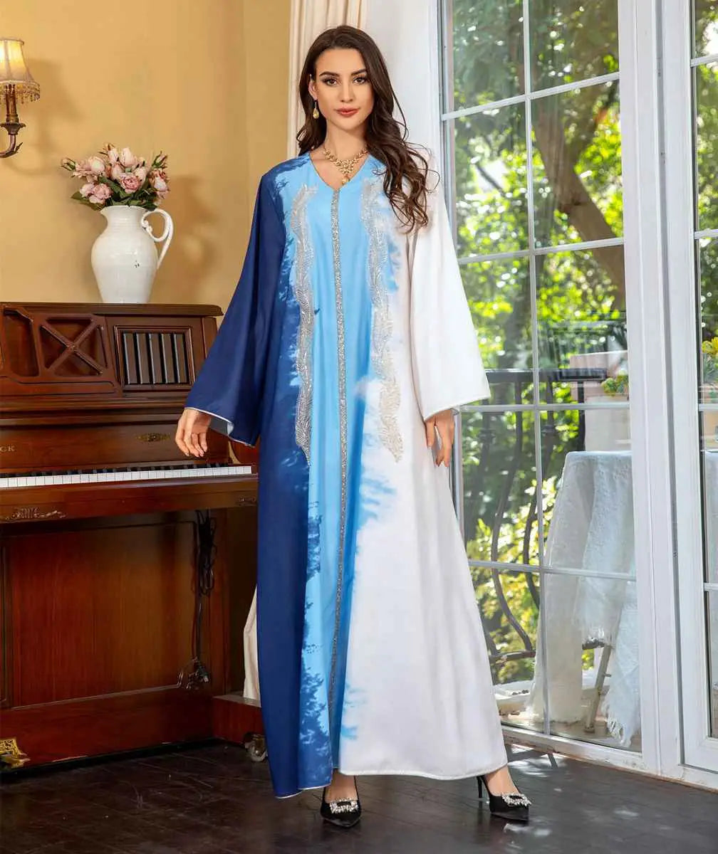 Robe caftan brodée tie-dye avec strass, pour femme, tenue de l'Aïd et de célébration