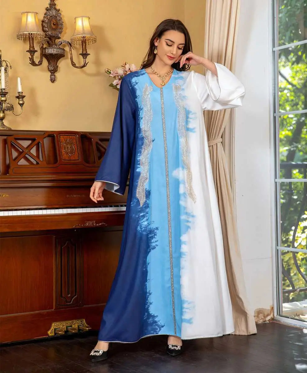 Robe caftan brodée tie-dye avec strass, pour femme, tenue de l'Aïd et de célébration
