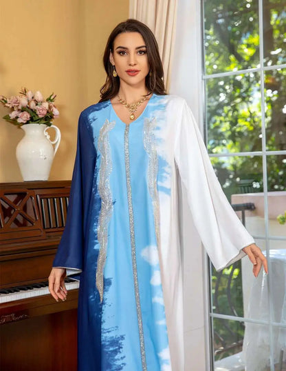 Robe caftan brodée tie-dye avec strass, pour femme, tenue de l'Aïd et de célébration