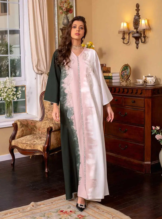 Robe caftan brodée tie-dye avec strass, pour femme, tenue de l'Aïd et de célébration