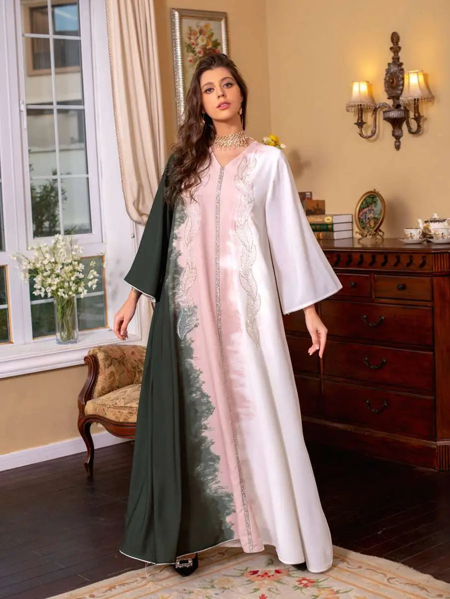 Robe caftan brodée tie-dye avec strass, pour femme, tenue de l'Aïd et de célébration