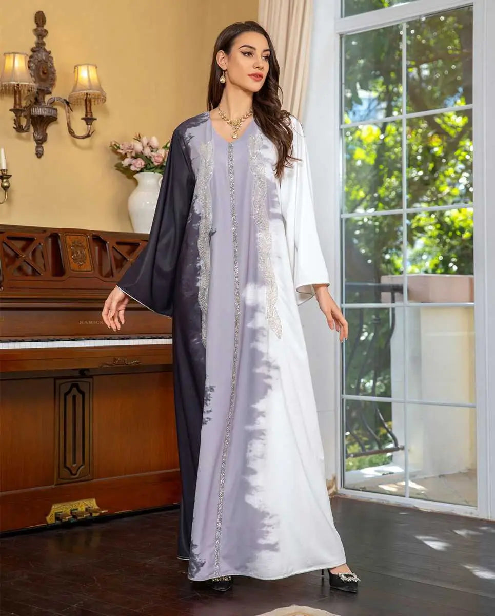 Robe caftan brodée tie-dye avec strass, pour femme, tenue de l'Aïd et de célébration