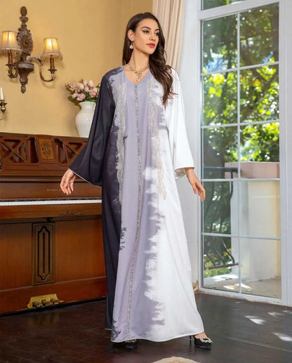 Robe caftan brodée tie-dye avec strass, pour femme, tenue de l'Aïd et de célébration