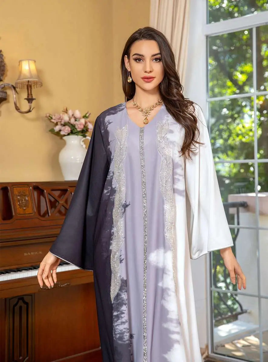 Robe caftan brodée tie-dye avec strass, pour femme, tenue de l'Aïd et de célébration