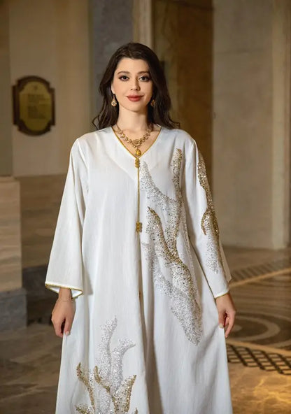 Robe caftan brodée en coton mélangé à paillettes