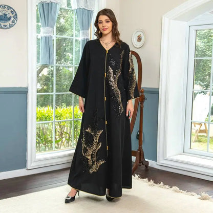 Robe caftan brodée en coton mélangé à paillettes